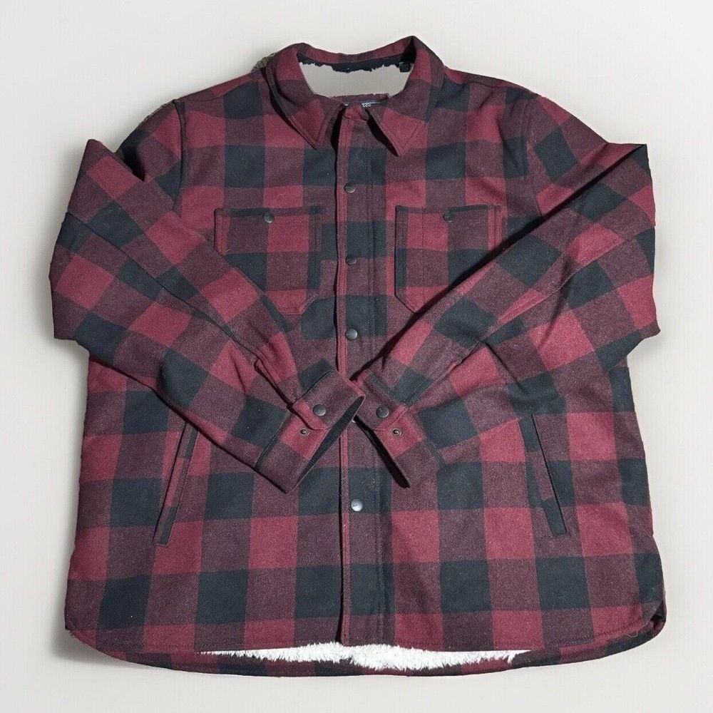 G.H. Bass & Co. Shirt Jacket Mens XL Burgundy Black Buffalo Plaid Sherpa Lined